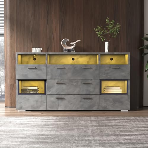 Aparador moderno de 140 cm, gris, con iluminación LED y puertas acrílicas transparentes, 2 puertas, 3 cajones más espacio de almacenamiento abierto, armario de almacenamiento, aparador, armario de