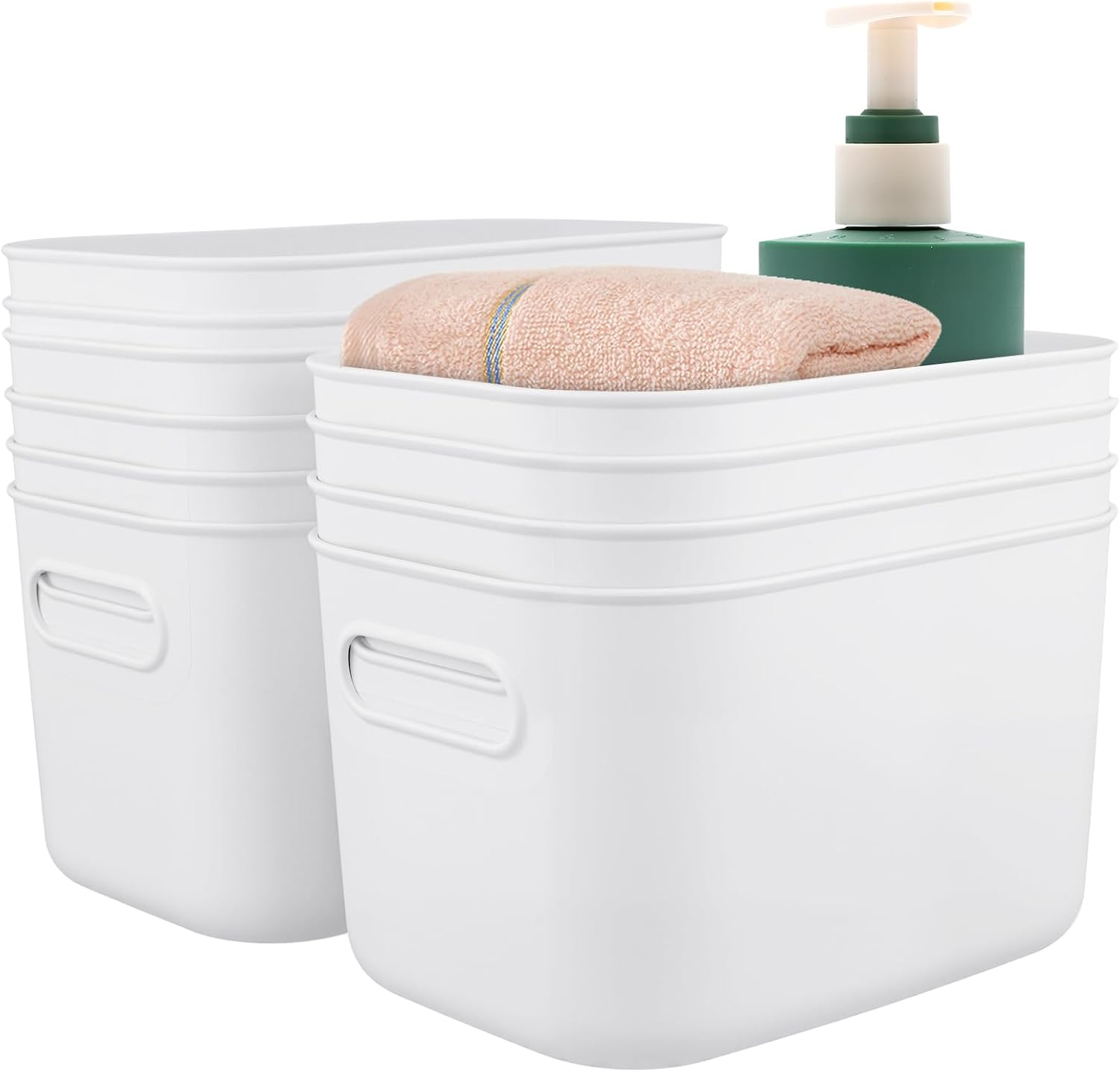 HOZEON 10 Pack White Plastic Storage Bins with Handle, Stackable Cupboard Organiser Pantry Storage Boxes for Shelves, Drawers, Bathroom, 10 x 7 x 6 Inch