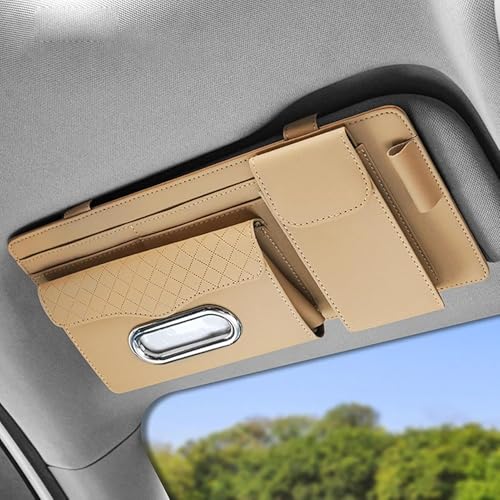 Image of DETACHI Car Sun Visor Organizer with Tissue Paper, Sunglass Pen Card Small Document Storage Pouch & PhoneHolder, Leatherette, Multi-Pocket with Zipper Net-(Beige, 18X3X37CM)