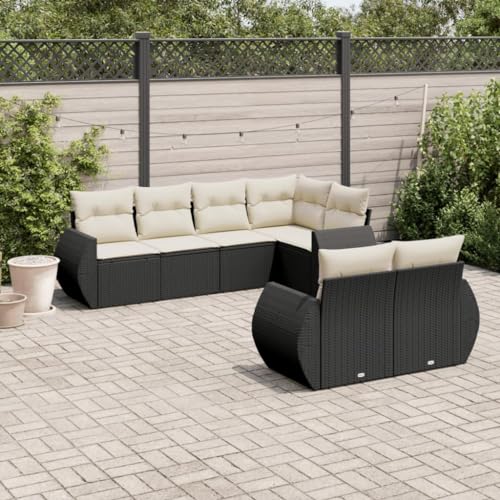 SKM Set de Comedor de jardín 7 pzas y Cojines ratán sintético Negro,Mobiliario,Muebles de jardín,Conjuntos de jardín,Negro,63 kg,3253943