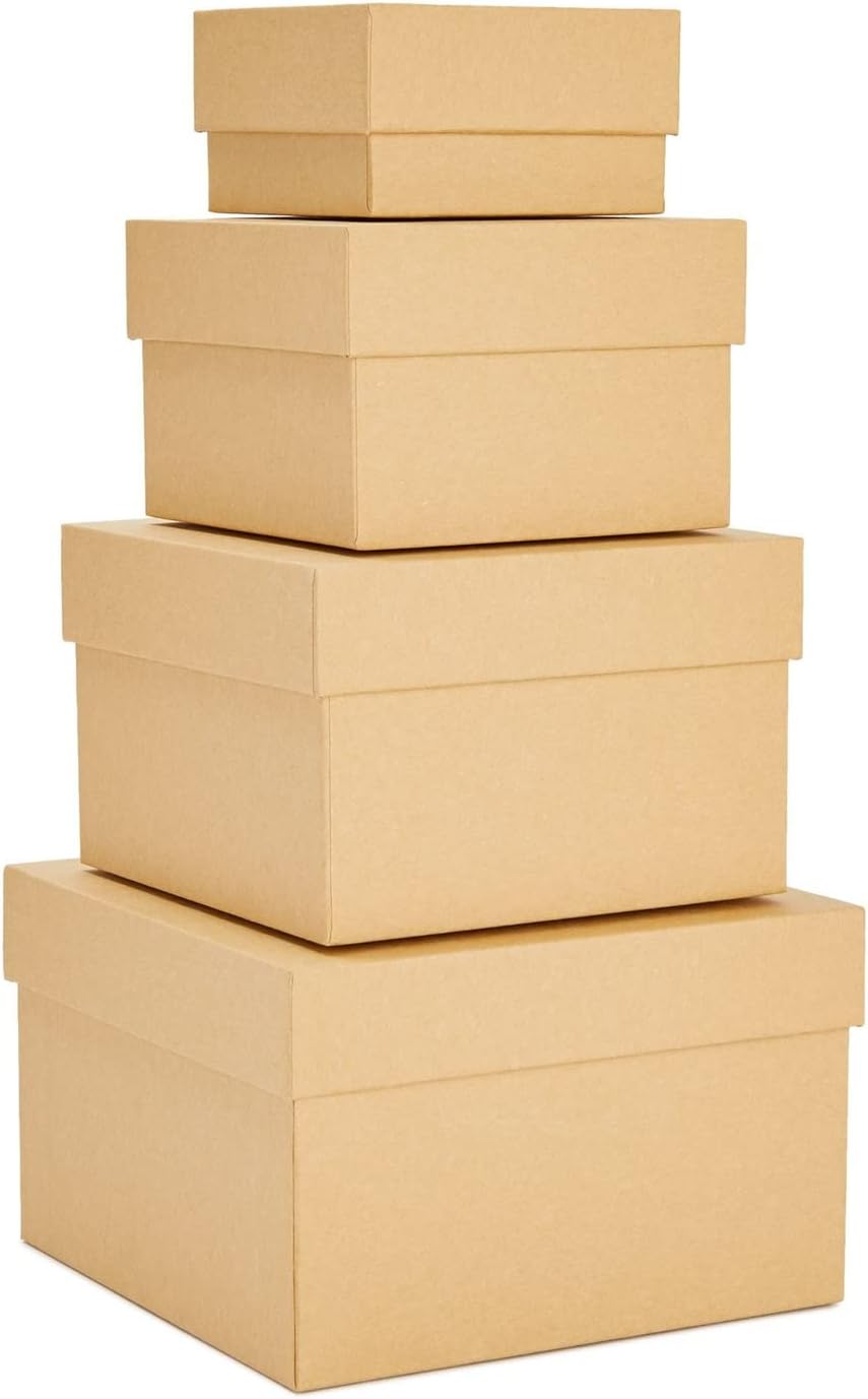 Stockroom Plus Square Nesting Boxes With Lids - Kraft Brown, Paperboard, 4-Pack, 6.5-3.5 In - Cardboard Nesting Gift Boxes for Presents & Party Favors