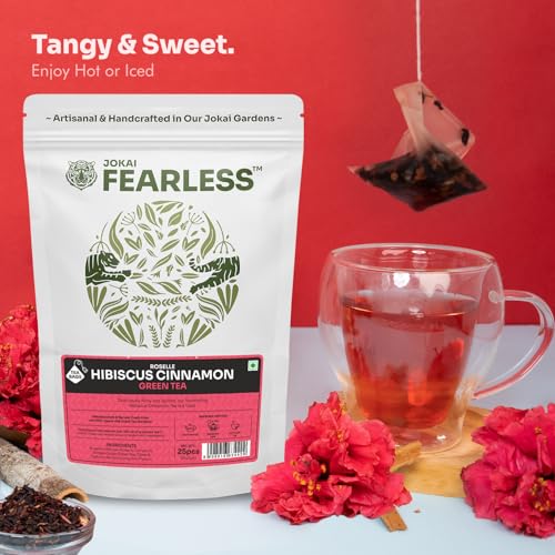 Image of Fearless Hibiscus Cinnamon Green Tea Bags 25 pcs | Real Hibiscus Flowers, No Dust | Delicious Red Tea | No Artificial Colours | Brew Hot or Cold | & Safe Pyramid Tea Bags