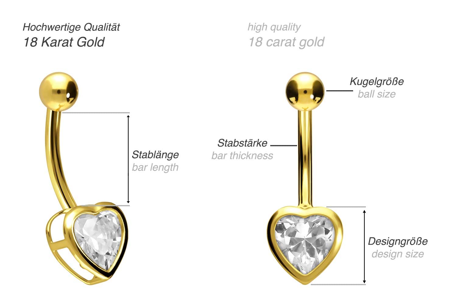 PIERCINGLINE 750er GOLD Bauchnabelpiercing 18 KARAT Kristall Herz Piercing Bananabell Banane Gelbgold