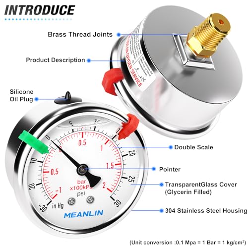 Image of MEANLIN MEASURE -30inHG~30Psi Vacuum Pressure Gauge 1 /4 inch NPT 2.5 inch FACE DIAL, Stainless Steel Liquid Filled Pressure Gauge WOG Water Oil Air Center Back Mount (with 2PCS Snaps)