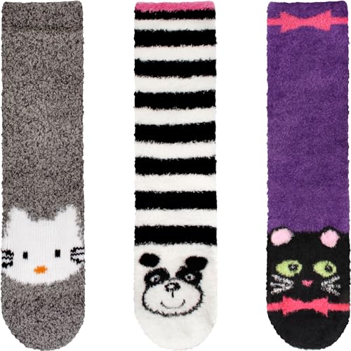 Image of BambooMN Super Soft Warm Cute Animal Face Non-Slip Fuzzy Crew Winter Home Socks, Value Pack