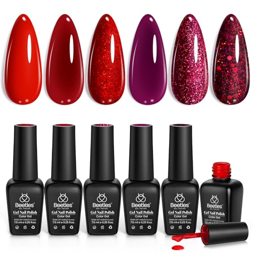 Image of Beetles Red Gel Polish Set, 6 Colors Burgundy Wine Glitter Purple Gel Nail | Soak Off UV LED Art Design Decoration DIY Nail Gifts for Women Poinsettia