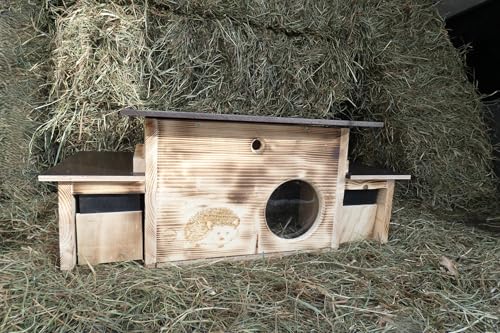 Igelhaus 45cm x 40cm x 28cm Igelhotel Vollholz Winterfest Kein Bausatz: easytouch-Rattenklappe mit und ohne Boden, mit Laby. Eingang als Tunnel. In Imprägniert oder geflammt (geflammt, ohne Boden)