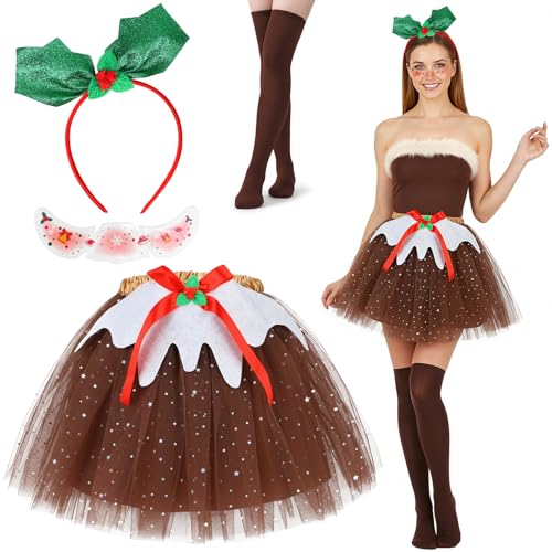 4 PCS Christmas Pudding Costume Adult Women Xmas Headband Face Tattoo Freckles Brown Tutu Skirt Knee High Socks Adult Christmas Fancy Dress for Women for Halloween Holiday X-mas Party Cosplay