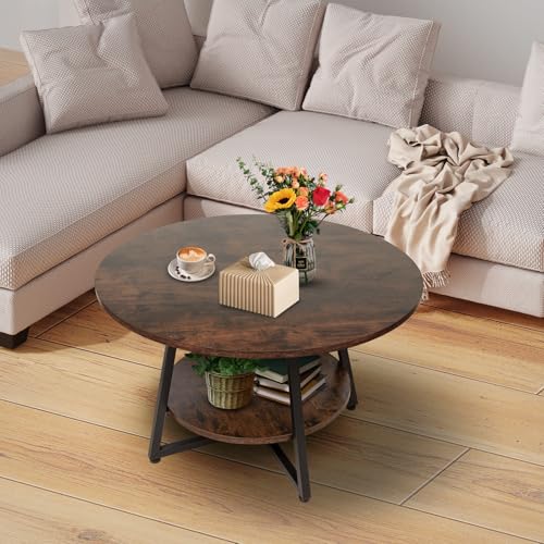 Image of Round Coffee Table, 2-Tier Circle Coffee Table with Storage, Modern Wood Round Center Table, for Living Room, Small Space, Home Office, Easy Assembly, Rustic Brown