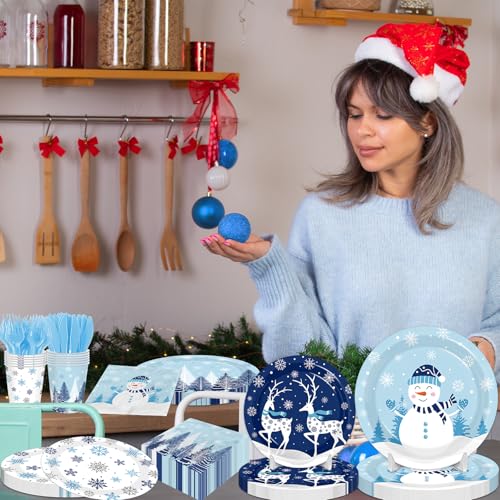 Christmas Paper Plates and Napkins,144pcs Winter Wonderland Plate and Napkins Dinnerware Snowman Snowflake Xmas Tree Christmas Plates Set for Winter Theme christmas Holiday – Image 6