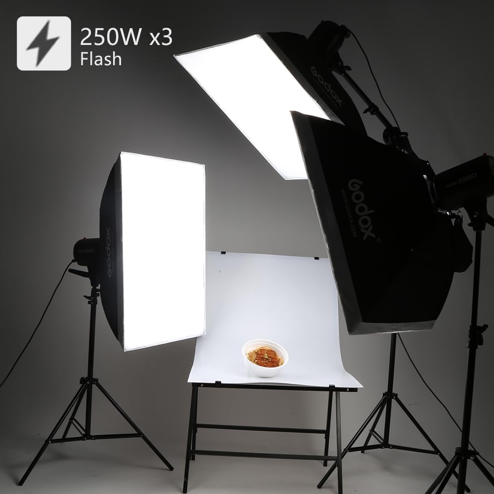 Godox 750W Estudio Profesional Strobe Flash Kit de Luz para Fotografía, 3 Pack 250W Estroboscópico con Disparador Estroboscópico, softbox, Soportes de luz, Brazo de la Pluma