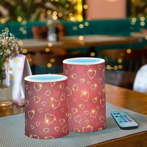 Image of Valentines Lights Flameless Candles Valentines Glden Red Hearts Pillar Candles Set of 2 Battery Operated Remote Control Warm Lights Home Decor