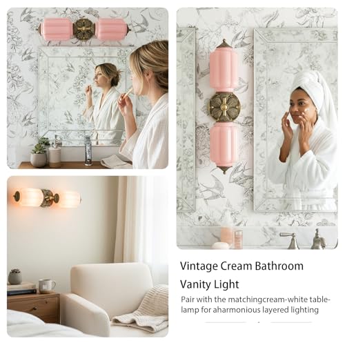 Image of Vintage Vanity Light - 2-Light Wall Sconce with Brass Finish Base & Green Glass Shade - Wall Sconce Lighting for Mirror, Kitchen, Living Room, Gallery (Bulbs Included) (Pink)