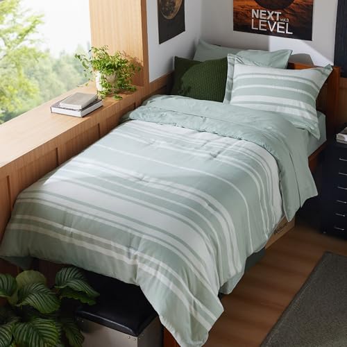 Image of Bedsure Twin XL Comforter Set 5 Pieces, Sage Green Striped Bedding Set for All Seasons, Reversible, Cationic Dyeing Bed in a Bag with Comforter, Sheets, Pillowcase & Sham