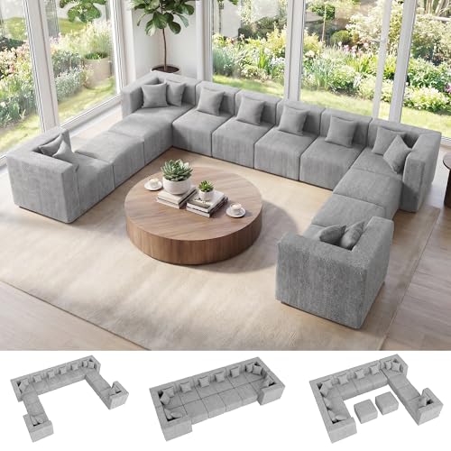Image of MONVANE Oversized Boneless Sectional Couches for Living Room, 12-Seat Cloud Couch, Modular Sofa with Ottoman & 12 Throw Pillows, Comfy Chenille, No Assembly Required, Light Gray