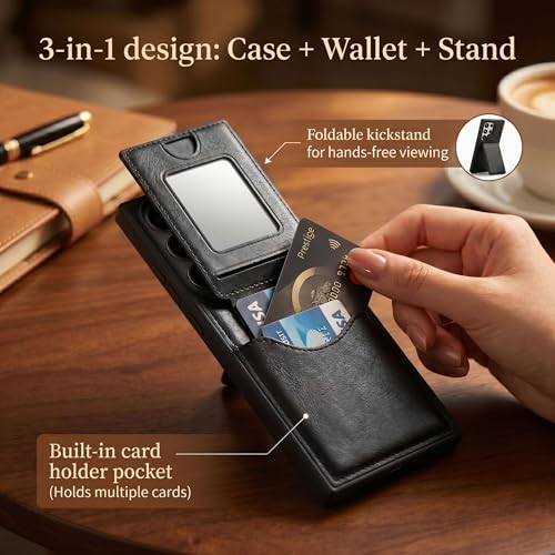 Image of amazon basics Premium Vegan Leather Back Cover with Card Holder and Integrated Mobile Stand for Samsung Galaxy S24 Ultra 5G - Slim Shockproof Wallet Case with Geometric Stitching [Black]