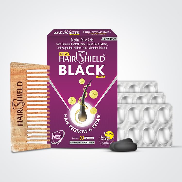 See full amazon price history chart for HAIRSHIELD Black Tablets For Women (3X10 Veg Tablets) With Neem Wood Comb | Essential To Stop Hairfall, Grow & Repair Hair & Prevent Hair Thinning | 33 Ingredients Including Biotin & Folic Acid HAIRSHIELD Black Tablets For Women (3X10 Veg Tablets) With Neem Wood Comb | Essential To Stop Hairfall, Grow & Repair Hair & Prevent Hair Thinning | 33 Ingredients Including Biotin & Folic Acid (B0CP2CY2RV) Amazon Price History, Amazon Price Tracker