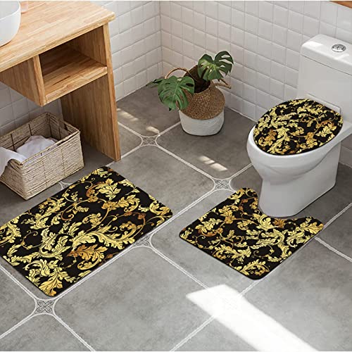 URSOPET Badezimmer Set, rutschfeste Badematte und WC-Vorleger-Set, Barocker Luxus-Goldener Blumendamast-Renaissance…
