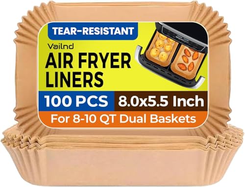 Image of Vailnd Air Fryer Liners Disposable for Dual Basket, 100Pcs 8x5.5 Inch Rectangle Air Fryer Paper Liner for Ninja DZ201 DZ401, Chefman /COSORI 2-Basket, Oil Proof Parchment Paper
