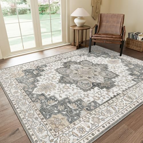 GENIMO 7'6''x9'6'' Area Rugs for Living Room, Machine Washable Non Slip Vintage Rugs, Low Pile Lightweight Chenille Print Rug for Bedroom, Dining Room, Home Office, Heathered Grey