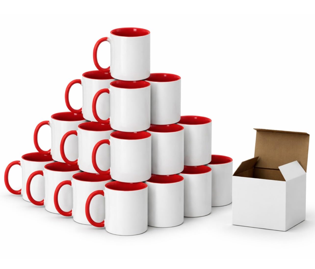 Lote 36 tazas ceramicas sublimación Rojas de 350ml capacidad con exterior en color blanco e interior Rojo, presentadación en cajas individuales Blancas, Tazas sublimación al mayor.