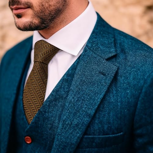 Image of Barry.Wang Skinny Ties for Men Wool Blend Herringbone Necktie with Tie Clip | Tie and Tie Clip Set, Cashmere Wool Stripe, 2.76 x 63 Inches, Extra Long Slim, Wedding Work Party Classic
