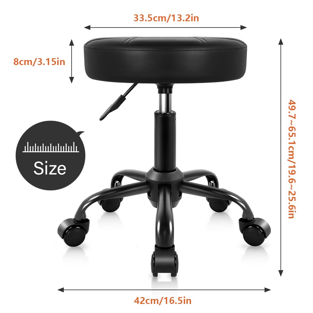 KKTONER Tabouret Roulant Cuir PU Hauteur Réglable 50-65 cm Siège Rond Roulettes Chaise Salon Spa Massage Tatouage Cuisine Bureau Noir