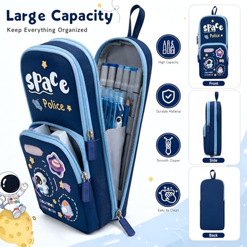 Image of WireScorts Space Police Multifunctional Pencil Pouch | Large Capacity 3 Zipper Pencil Case with Multiple Compartments | Stationery Organizer for School Kids | Durable Fabric, Cute Space Police Design