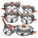 Hoement 6 Stück Kochgeschirrset aus Edelstahl mit Antihaftbeschichtung Holzmaserung Griff Multifunktionales Topfset zum Braten und Kochen