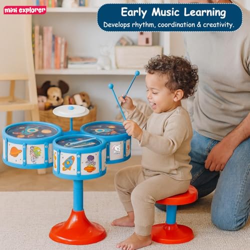 Image of MiniExplorer Jazz Drum Set for Kids | Musical Toy Set with 3 Drums, 1 Cymbal, Drumsticks & Stool | Durable Plastic Learning Toy Music Instrument for Boys & Girls for 3 Years+
