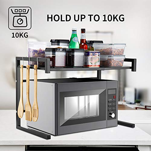 i BKGOO Expandable Metal Black Microwave Oven Rack Shelf Kitchen Supplies Tableware Storage Carbon Stainless Steel Counter Rice Cooker Stand Contains 2 Tiers with 3 Hook