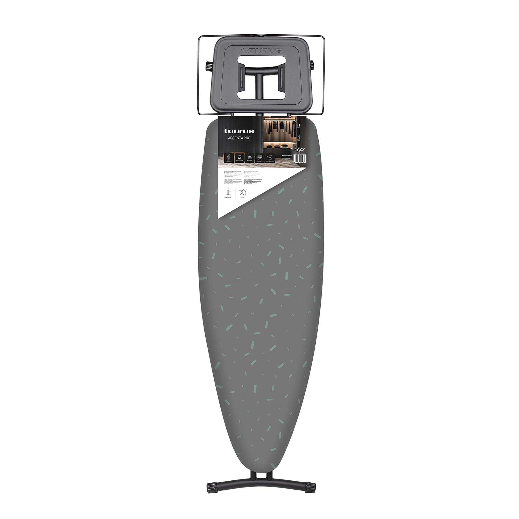 Taurus Argenta Pro - Planche à repasser, 3 positions de hauteurs jusqu'à 93cm, Support pour centrale vapeur, Housse 100% coton, Dimensions 40 x 124 cm, anti-​dérapeant