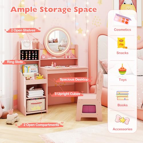Image of HONEY JOY Kids Vanity with Lights, Wooden Princess Makeup Dressing Vanity Desk with Jewelry Storage, Open Shelves, 2 in 1 Toddler Vanity Table & Chair Set with Lighted Mirror for Little Girls(Pink)