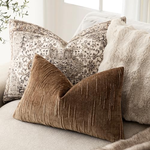 Image of Foindtower Pack of 2 Slubby Textured Chenille Throw Decorative Pillow Covers Lumbar Accent Solid Cushion Cover Neutral Farmhouse Pillow Case for Couch Sofa Bedroom Living Room 12x20 Inch,Dark Bronze