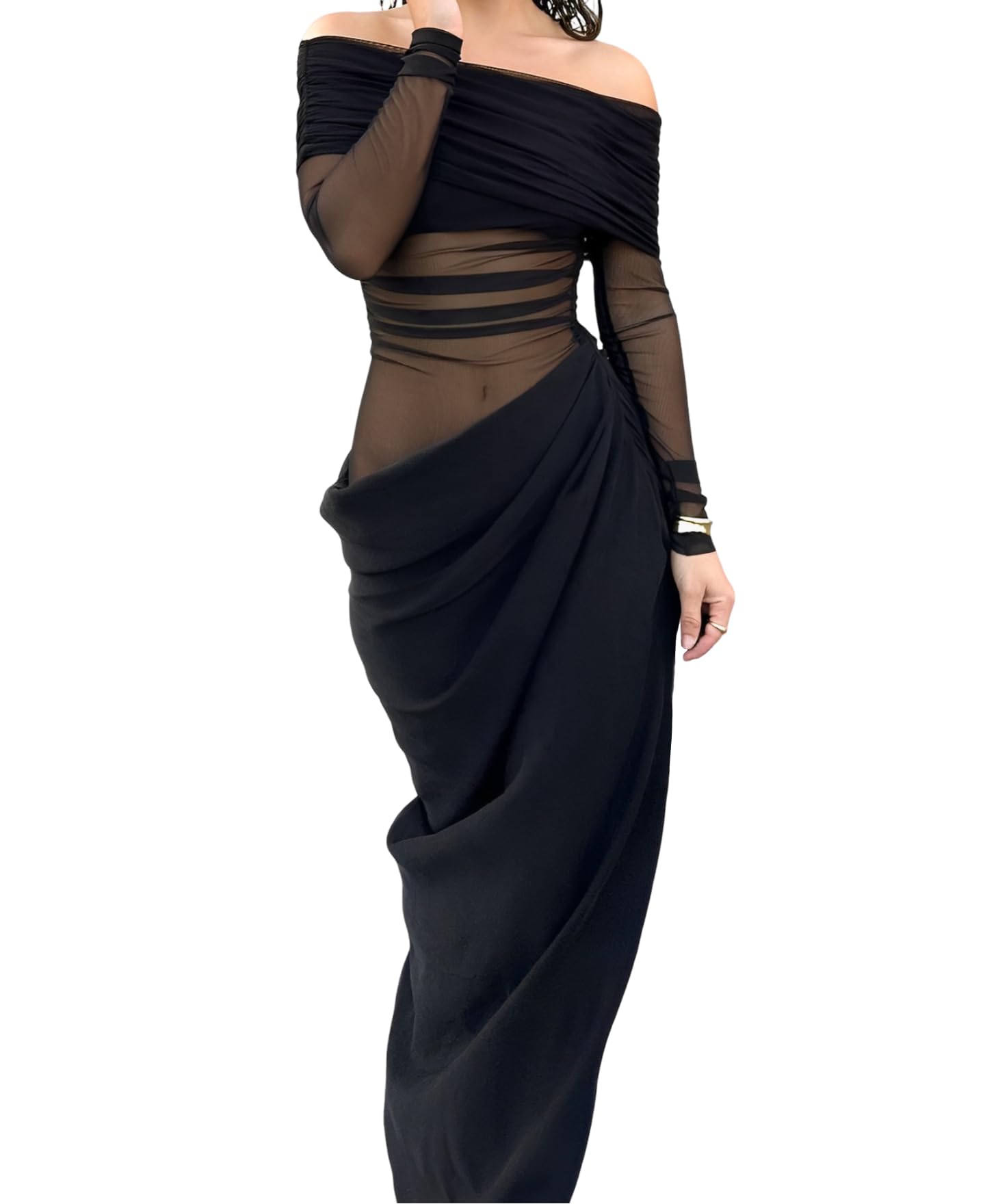 Women's Off-Shoulder Maxi Dress Lightweight Sheer Mesh Y2K Bodycon Gown for Club Party Wedding Outfits Black