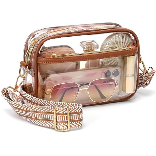 PACKISM Fashion Clear Concert Bag - Clear Purses for Women Stadium Crossbody with Adjustable Brown Geometric Striped Jacquard Strap for Music Festival, Sport Events, Brown