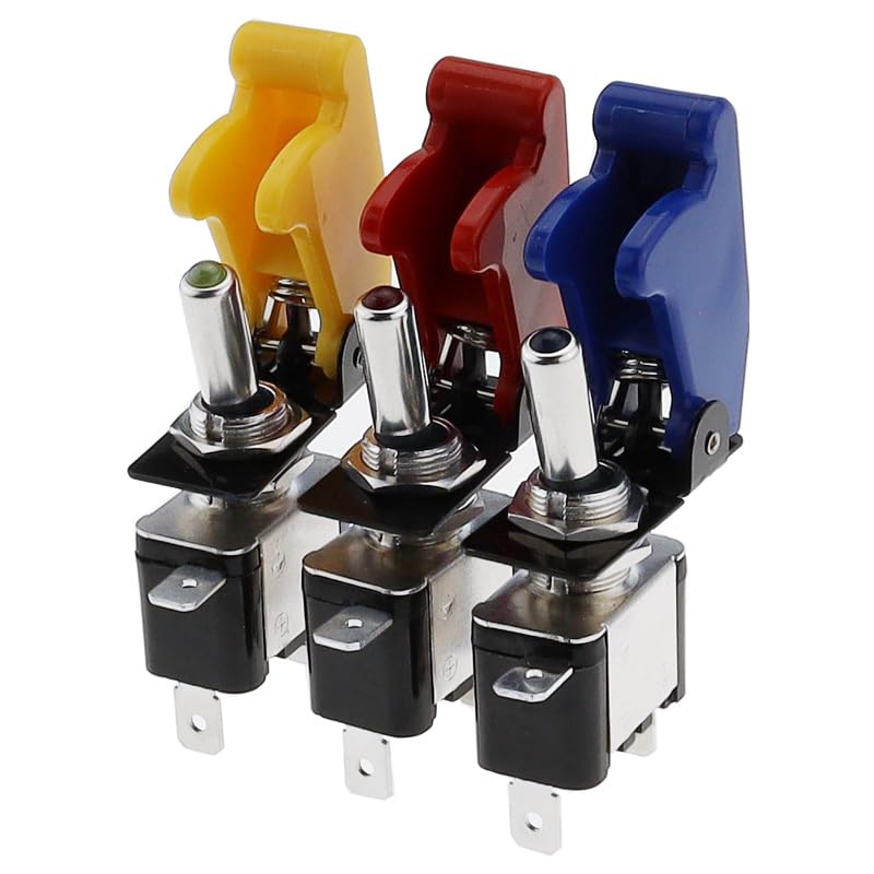 SCRUBY 12V 20A Auto Car Boat Truck Illuminated Led Toggle Switch with Safety Aircraft Flip Up Cover Guard Red Blue Green Yellow White(Carbon Cap Green LED)