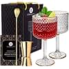 Vemacity Luxury Gin Glasses Set of 2 w/Gold Rims | Includes Gold Spoon, Spirit Measure & Pourer with Recipe e-Book | Crystal Gin Glass Gifts for Women | Aperol Spritz Gift Set & Cocktail Glasses