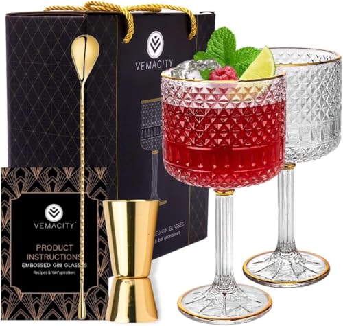 Vemacity Luxury Gin Glasses Set of 2 w/Gold Rims | Includes Gold Spoon, Spirit Measure & Pourer with Recipe e-Book | Crystal Gin Glass Gifts for Women | Aperol Spritz Gift Set & Cocktail Glasses