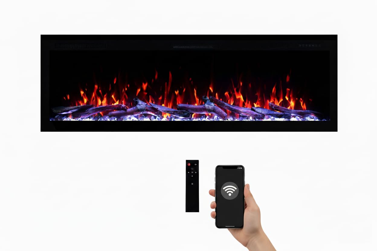 Camino Elettrico Weka Fireplace E42 Wi-Fi - da Parete e da Incasso - Potenza 750 W/1500 W, 13 Colori di Retroilluminazione, Effetti Fiamma Regolabili, Protezione contro il Surriscaldamento (107 cm)