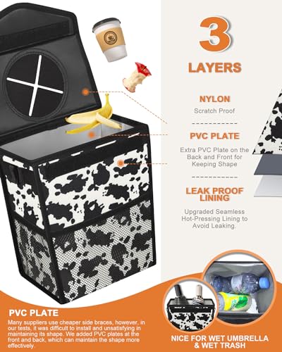 Image of Pritent Car Trash Can with Lid, Cute Leakproof Car Trash Garbage Bag Hanging Vehicle Trash Bin Small Portable Automotive Garbage Cans Organizer for Back /Front Seat /Console(2.8 Gallons,Cow Print)