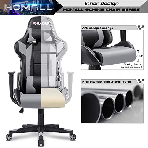 Homall Gaming Chair, Office Chair High Back Computer Chair Leather Desk Chair Racing Executive Ergonomic Adjustable Swivel Task Chair with Headrest and Lumbar Support (Grey)