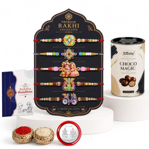 DeoDap Rakhi with Chocolate for Brother – Multi Design Colorful Rakhi 5 Pcs with Choco Magic Chocolate (96g) with Silver Color Pooja Coin, Greeting Card & Tilak Set – Traditional Raksha Bandhan Combo