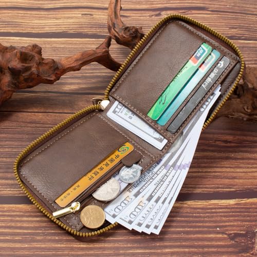 SUMGOGO Small Wallets for Men Zipper Around Pocket Bifold Wallet Leather Short Billfold Card holder Coin Purse (Brown)3