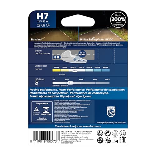 Image of Philips automotive lighting Halogen 573130 Racingvision Gt200 H7 Car Headlight Bulb +200%, Single Blister, Yellow