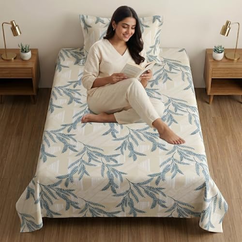 Image of Mafatlal 186 TC Metro Cotton Single Bedsheet | 90 x 60 Inch|Soft, Breathable & Lightweight | with Matching Pillow Cover| Cream Blue