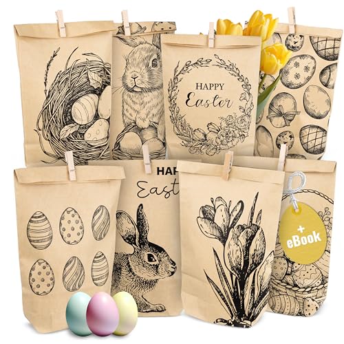 AMARI ® Ostertüten Set (12 Stück inklusive Klammern) - Geschenktüten für Ostern aus Papier - Ostern Papiertüten - Ostertüten zum Befüllen