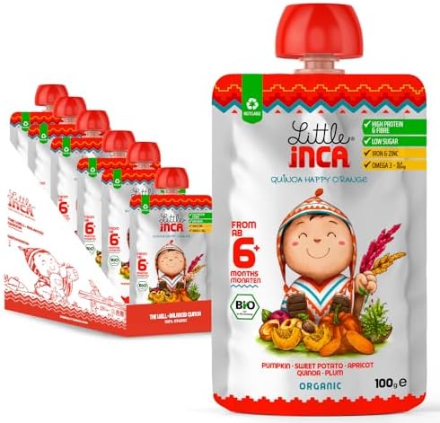 Little Inca Organic Baby Food Pouches The Happy Orange (6x100g) | Quinoa-based Dairy-Free Baby Pouches | 6 Months+ | Recyclable Plant-Based Veg & Fruit Pouches | Supports Gut/Cognitive Health
