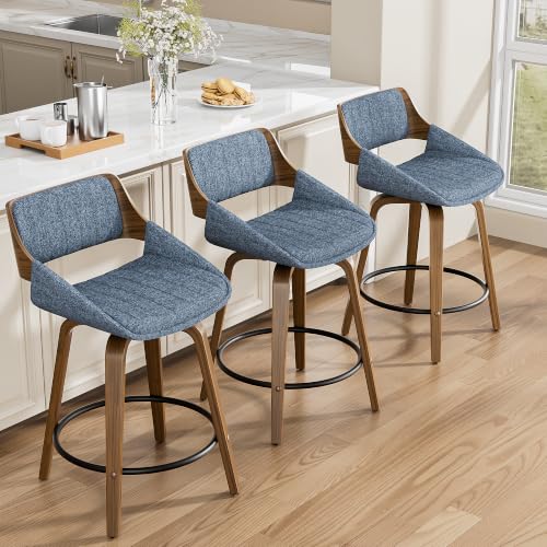 Image of YaFiti Bar Stools Set of 8, 26 inch Swivel Counter Height Barstools with Bentwood Back and Legs, Mid Century Modern Upholstered Fabric Counter Stools for Kitchen Island, Dining Room, Blue