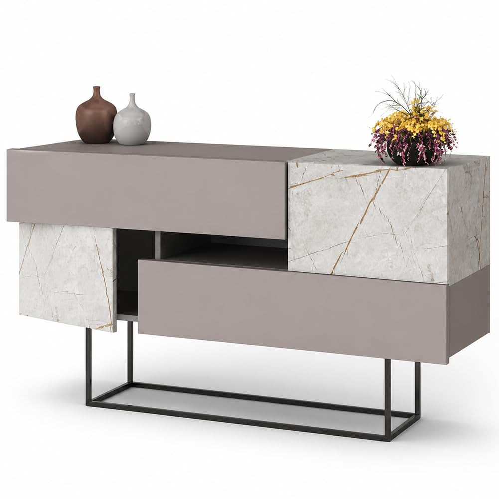 Shally Dogan Madia Consolle Design Moderno da Ingresso, Camera da Letto, Soggiorno, Ufficio, 2 Ante e 2 Cassetti, Mobiletto Salvaspazio, Chiusura Soft Close, 145 x 40 x 82 cm (Tortora e Marmo Bianco)